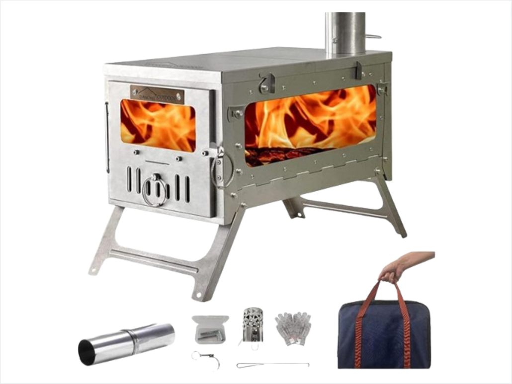 $359 DANCHEL OUTDOOR TSG Folding 100% TA1 Titanium Wood Stove with Glass,Portable Small Hot Tent Stove Wood Burning Camping with 7.2ft Chimney Portable Winter Survival 6.6lbs